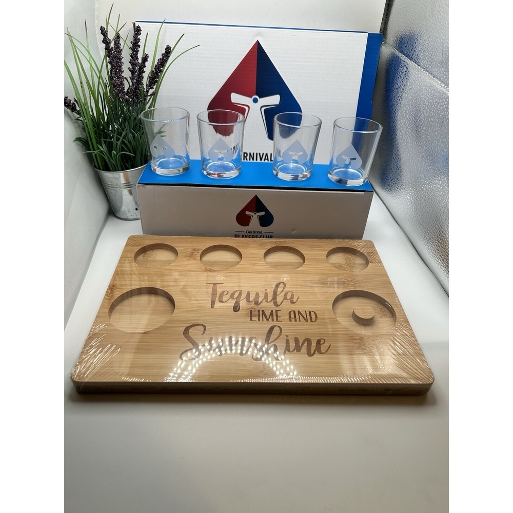 Carnival Players Club 4 Shot Glasses W/ Bamboo Flight Serving‎ Tray New!